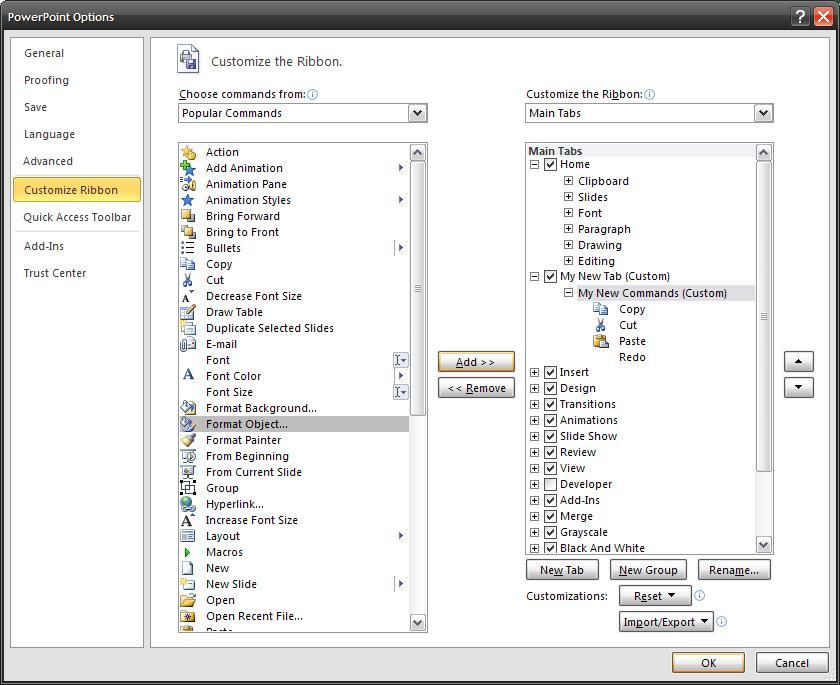 Customizing Ribbons With Office 2010, you can now customize the tabs on the Ribbon to display buttons of common tasks and commands that are used frequently used in each application allowing easy