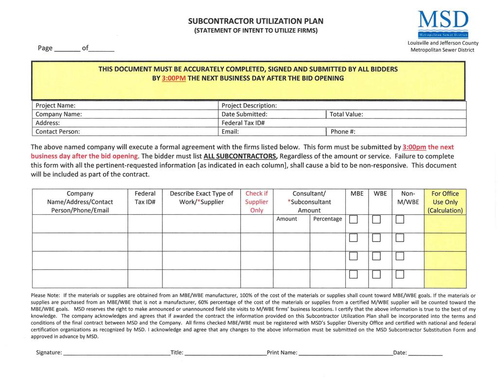 SUBCONTRACTOR UTILIZATION PLAN (STATEMENT OF INTENT TO UTILIZE FIRMS) MSD \I.I ll JH \ t l 111 \O: \\.! r I!, 1r 11 l Page of Louisville and Jefferson County Metropolitan Sewer District a D log r.