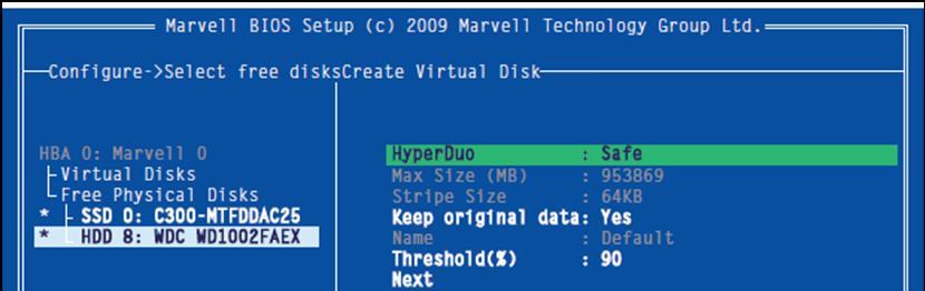 4. The Create Virtual Disk configuration option appear in the Information pane: 09 M Highlight HyperDuo and press Enter. A menu will be displayed listing available Hybrid modes.