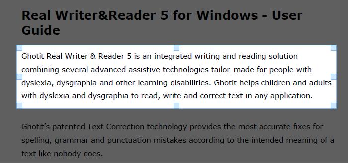 Screenshot Reader Ghotit Real Writer&Reader 6 can read aloud text from images or non-accessible documents.
