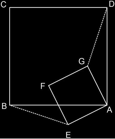Now, AG = AE and AD = AB, so two sides of one triangle are equal to two sides of the other. Let the included angle BAE of triangle AEB = x. Because BAE + BAG = EAG = 90, BAG = (90-x).