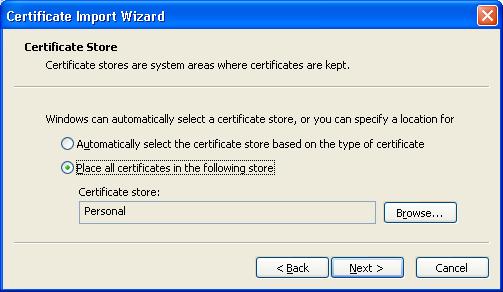 certificates in the following store option. 8. Click 'Next'. 9.