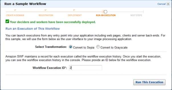 Step 7: In the Run an Execution section, choose the desired option and click the Run this Execution button. Finally, SWF will be created and will be available in the list.