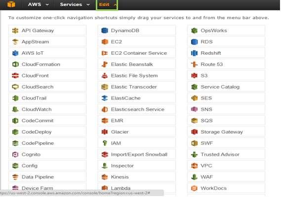 Customizing the Dashboard Creating Services Shortcuts Click the Edit menu on the navigation bar and a list of services