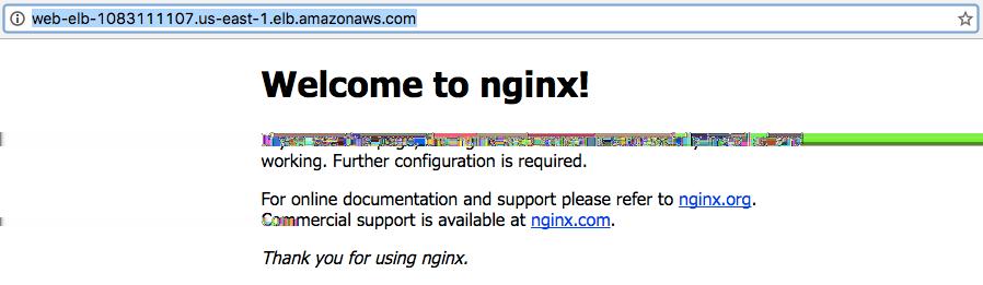 web-elb-1083111107.us-east-1.elb.amazonaws.com We can browse to that URL and, if everything works, see the default Nginx index page.