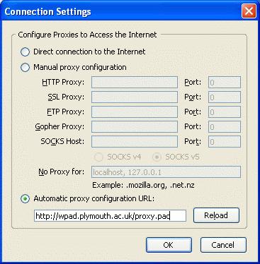2. Click the Connection Settings button. 3. By default the browser will be configured to use a Direct connection to the Internet. Select Automatic proxy configuration URL and enter http://wpad.