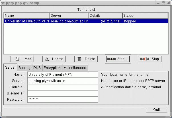 The VPN service 1. Open the PPTP Client program 2. Enter the root password when asked for. 3.
