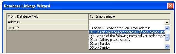 click on the equivalent box on the right and a drop-down list of Snap questionnaire fields will be displayed.