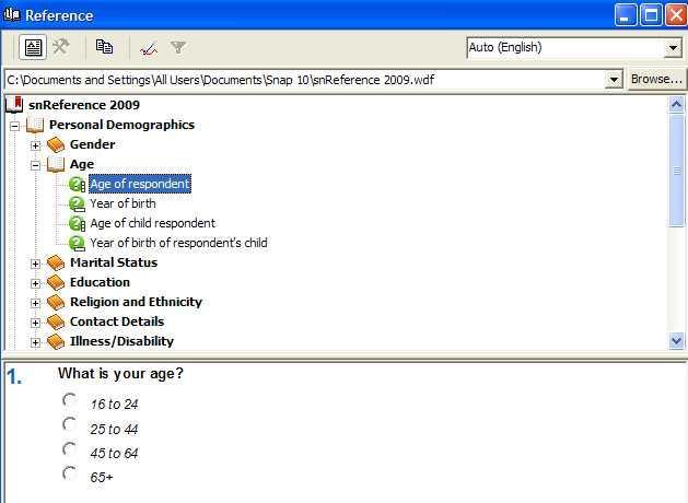 2. Double-click on the Personal Demographics category in the snreference 2009 SurveyPak. Double-click the Age topic to display a number of age related questions.