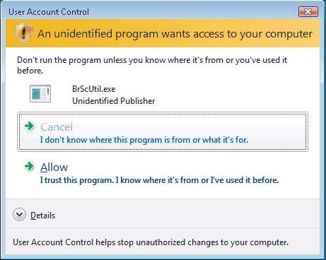 Scanning For Windows Vista the User Account Control screen