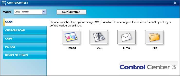 ControlCenter3 SCAN 3 There are four scan options: Scan to Image, Scan to OCR, Scan to E-mail and Scan to File.