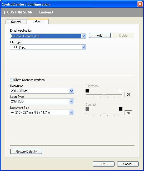 ControlCenter3 Settings tab Choose the E-mail Application, File Type, Resolution, Scan Type, Document Size, Show Scanner Interface, Brightness and Contrast settings.