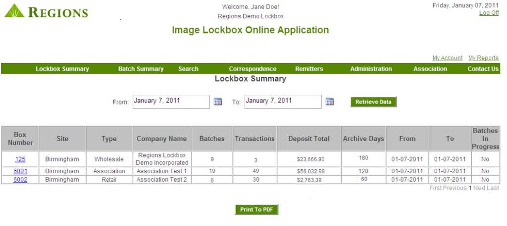 Viewing Transaction Data and Images Image Lockbox Online provides you with the ability to view high level daily batch totals and see images of processed payments.
