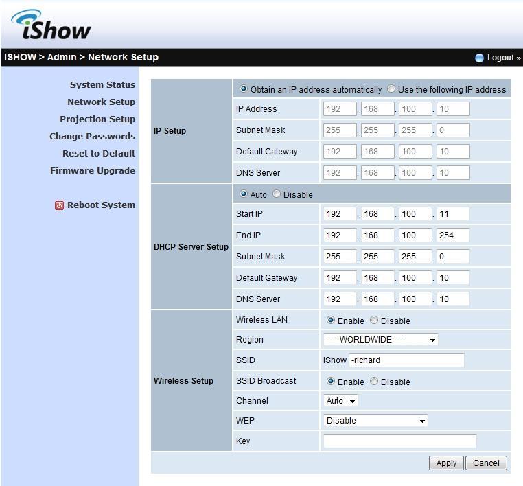 < Auto-Configuration Network Setup> The default setting of the ishow box is DHCP client.