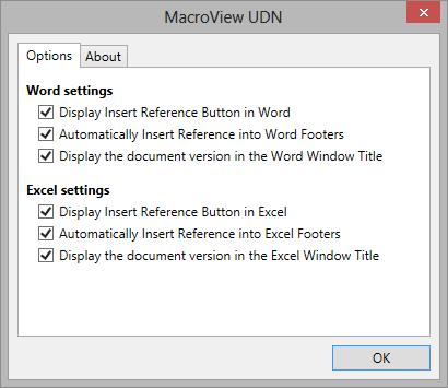 Figure 14. MacroView UDN Client settings 4.1.3 Insert Document ID Ribbon Button MacroView UDN supports the manual insertion of references through a custom button on the Office Ribbon.