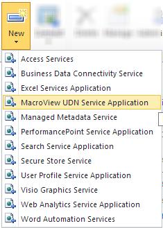 3.4.2 Create a new service application Navigate to the 'Manage service applications' page and select 'New > MacroView UDN Service Application'. 3.4.3 Configure the service application Enter the settings for your service application and press OK when finished.
