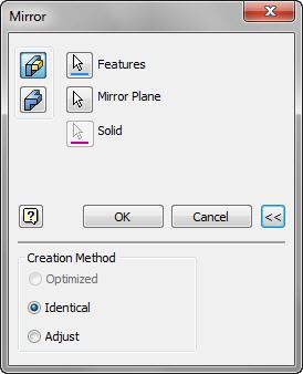 Mirroring Features Rectangular Pattern Ribbon: Model tab Pattern panel Mirror Keyboard Shortcut: CTRL+SHIFT+M Mirror Dialog Box Mirror Feature