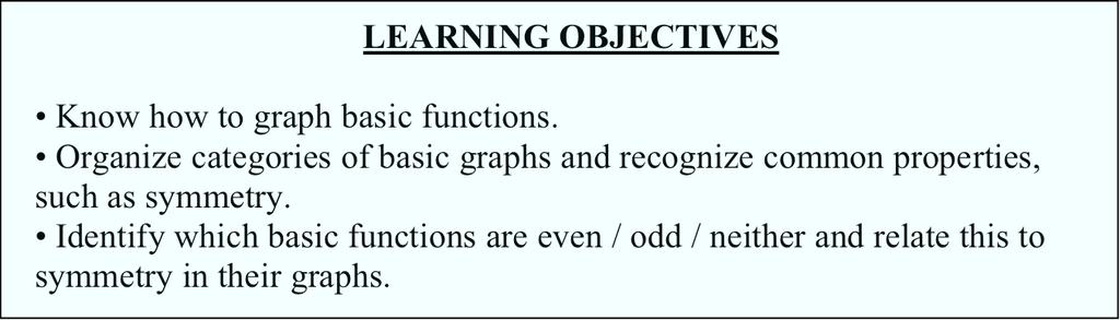 (Section.3: Basic Graphs and Symmetry).3. SECTION.3: BASIC GRAPHS and SYMMETRY LEARNING OBJECTIVES Know how to graph basic functions.