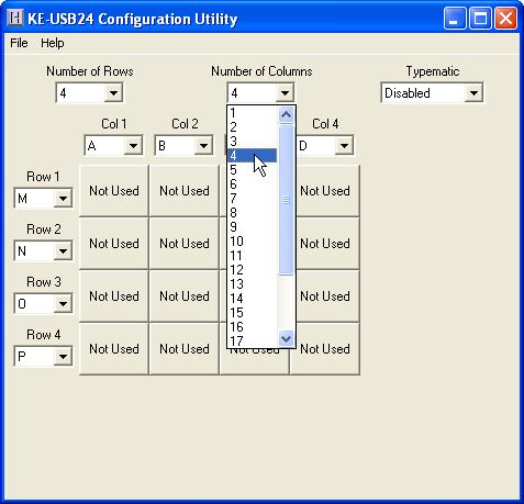 In the example illustrations, the user clicked matrix position Row 1, Col 3 and assigned the key C to it.
