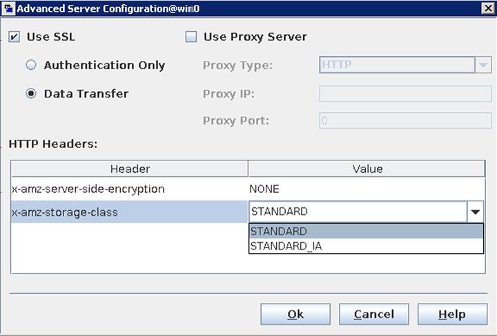 Assigning a storage class to cloud storage 74 4 On the Advanced Server Configuration screen, the x-amz-storage-class header shows the Amazon S3 storage classes that NetBackup supports.