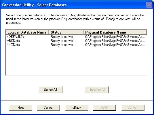 Installing : Upgrading from a Prior Version Step 3: Converting Your Data 9. Click the Next button. The Conversion Utility Select Databases dialog appears.