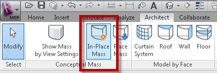 Click the Architect tab Select the In-place Mass tool.