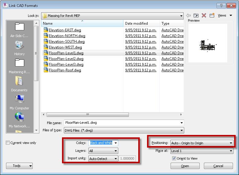Browse to the folder C:\RTCAUS2011\20-Massing for Revit MEP and select FloorPlan-Level1.dwg.