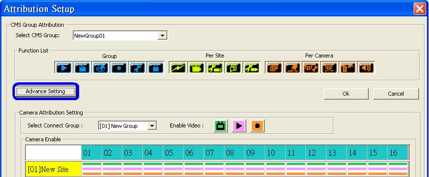 Green buttons are site controls including: ReConnect\DisConnect, Record, Configuration, Event Search, and Camera Setting.