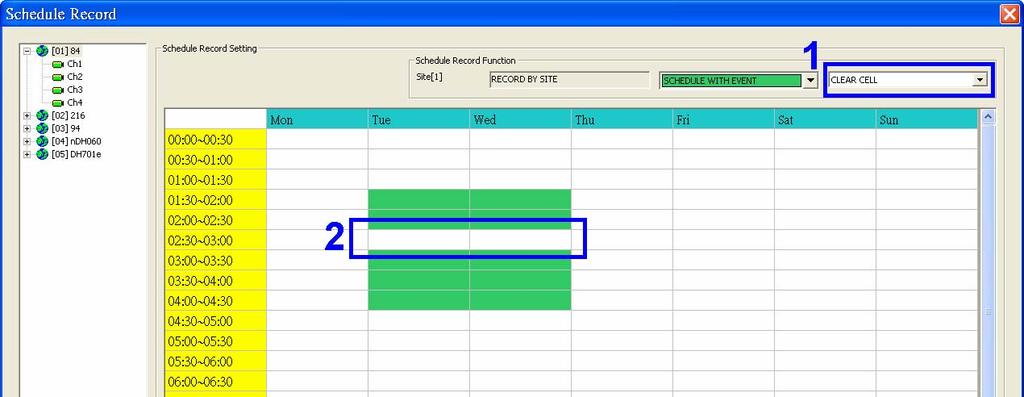 If you want to remove a time frame from the schedule, for instance, 2:30~3:00, set the cell selection to <Clear Cell> in box 1.