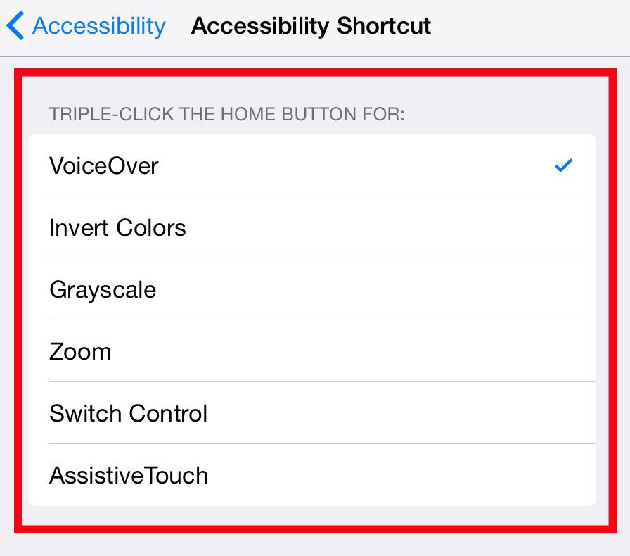 Shortcut triple click the home or squircle button to activate choice from this menu. General Gestures Pinch open enlarge text or image (not always available).