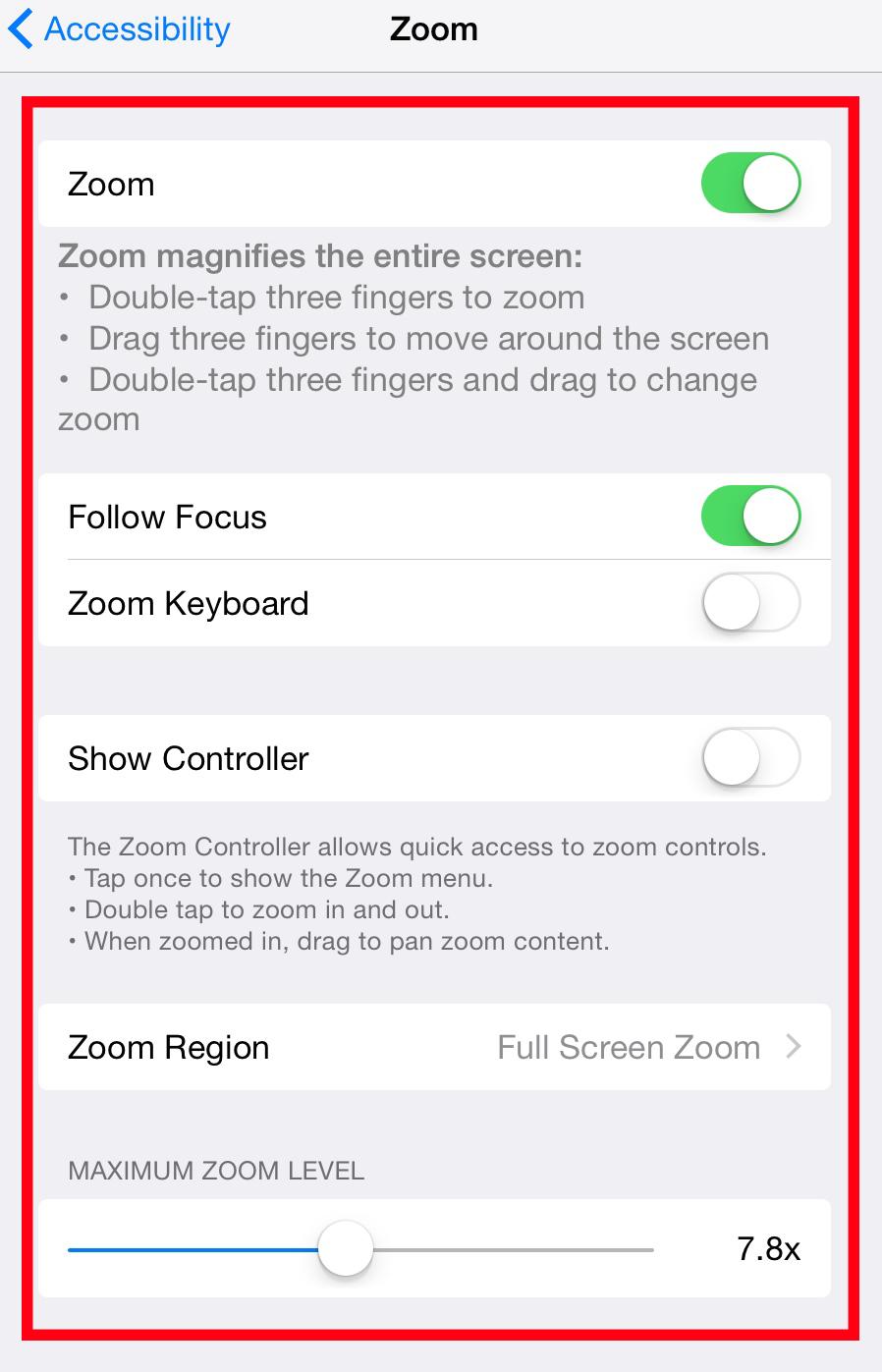 Controls: Double tap three fingers to zoom.