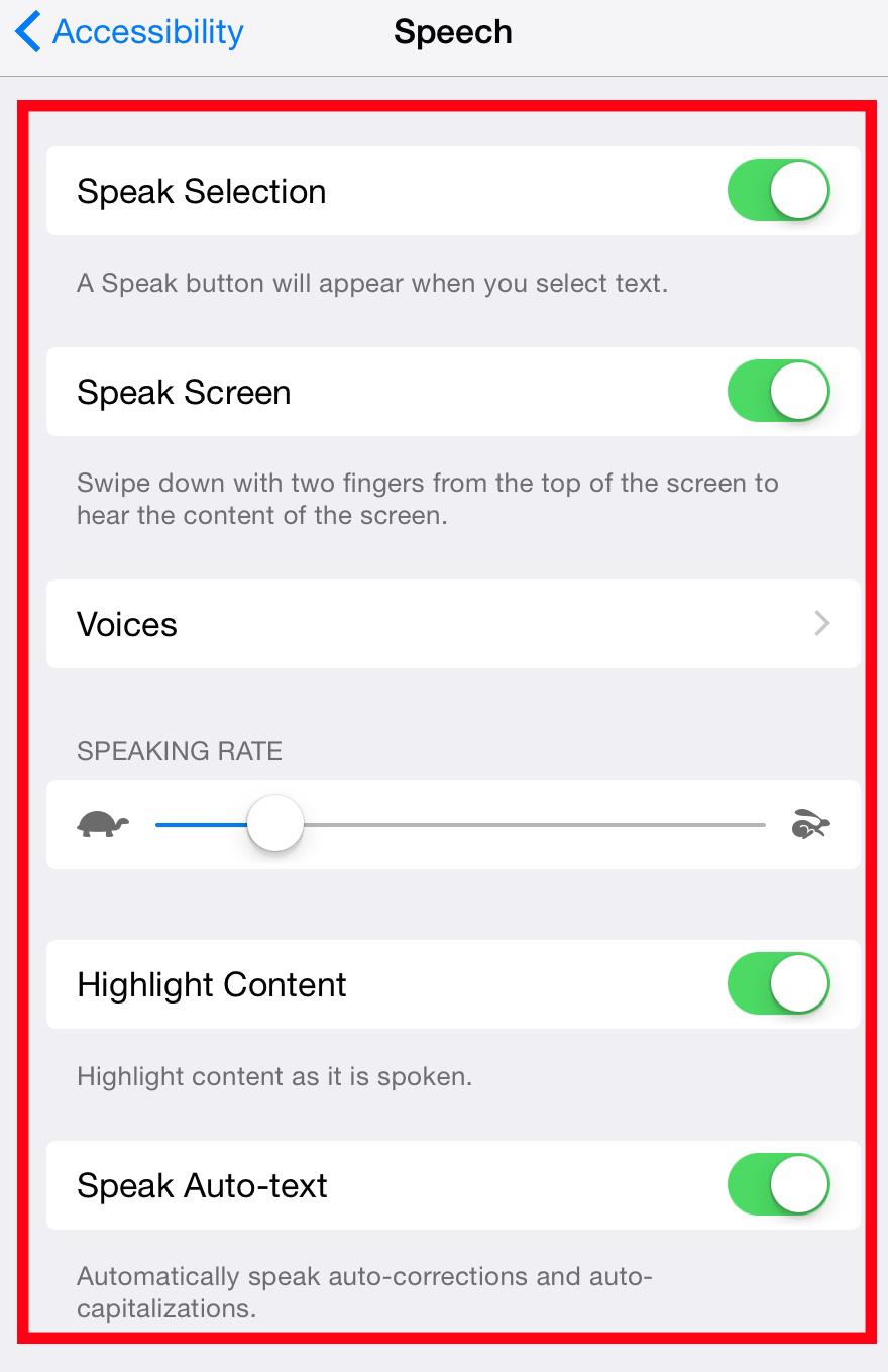 Speak selection When text highlighted ipad can read the text. Voices: can be changed with different variations on English (United States, Australia, UK, Ireland, South Africa).