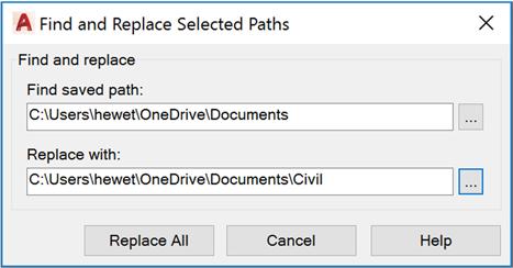 Find and Replace locates all references that use a specified path from all the references that you selected