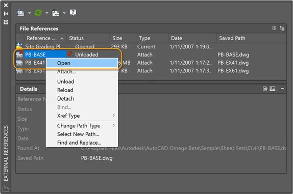 The Open option is no longer disabled when you right-click on an unloaded reference in the External References palette, enabling you to quickly open unloaded reference files.