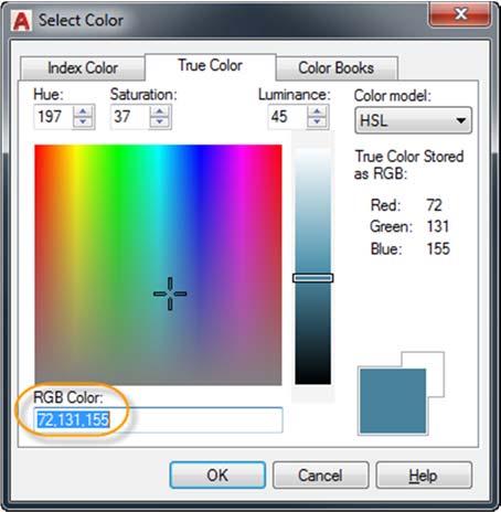 Select Color dialog box The True Color tab in the Select
