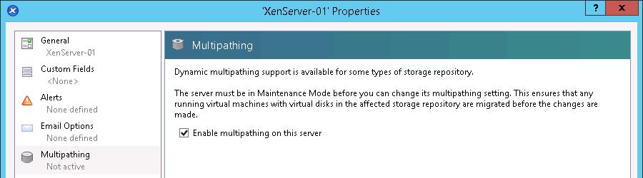 multipathing requires a restart of the XenServer host and should be enabled before storage is added to the server. Only use multipathing when there are multiple paths to the storage.