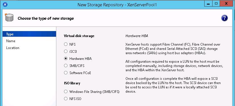 Under Virtual disk storage, select the Hardware HBA option, and click Next. 3.