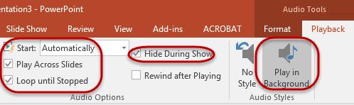 By doing this, PowerPoint will automatically start your file, hide the file during the show, play the file across all slides, and will loop the file