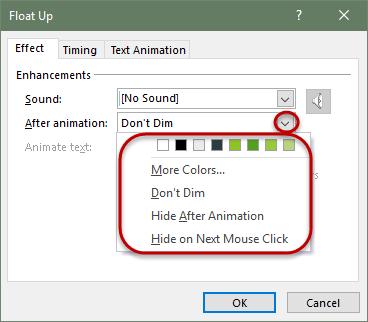 From this list, users are able to change and object to another color, hide the object after the animation has completed, or hide