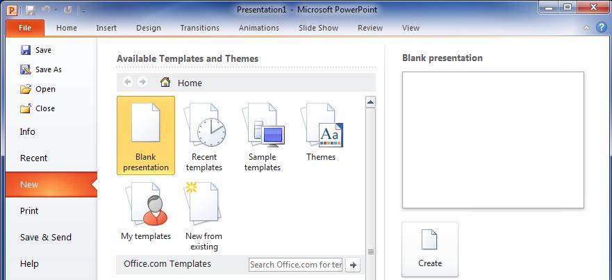File Tab Basic Create a New Presentation Step 1: Click the File tab. This takes you to Backstage view. Step 2: Select New. Step 3: Select Blank presentation under Available Templates and Themes.