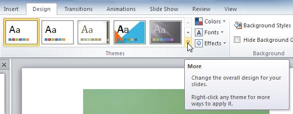 Change Theme Colors Step 1: From the Design tab, click the Theme Colors command. A drop-down menu will appear. Step 2: Hover the mouse over the different sets of theme colors to see a live preview.