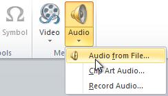 Insert Audio To Insert Audio from a File on Your Computer Step 1: From the Insert tab, click the Audio drop-down arrow and select Audio from File.