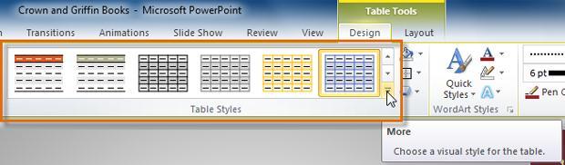 Step 2: Hover your mouse over the diagram squares to select the number of columns and rows in the table. Table Command Step 3: Click your mouse. The table will appear on the slide.