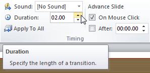 Transitions Tab Intermediate Modify Duration of a Transition Step 1: Select the slide that includes the transition you wish to modify.