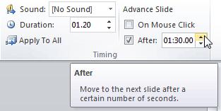 Advance Slides Automatically Normally, in Slide Show View, you would advance to the next slide by clicking your mouse (or pressing Enter on your keyboard).