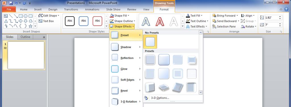 Change Shadow Effect Step 1: Select the shape or text box. The Format tab will appear. Step 2: Click the Format tab. Step 3: Click the Shape Effects command. A drop-down menu will appear.
