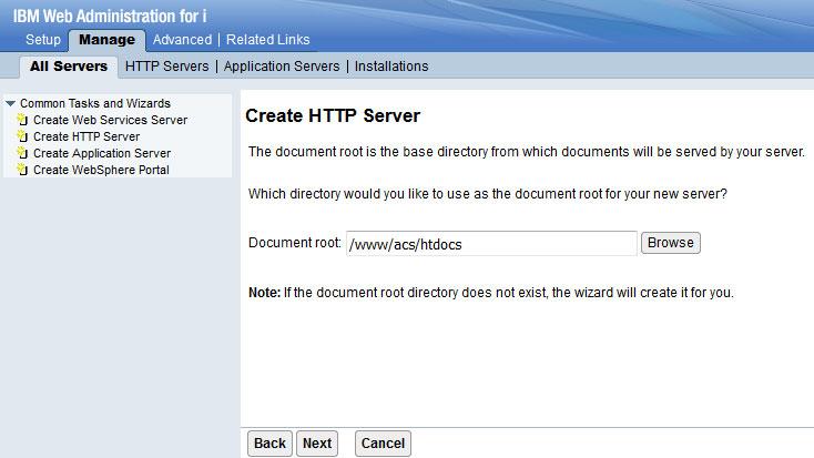 5. Enter the Document root and click Next (Figure 3). Figure 3 Create HTTP Server: Document root 6.