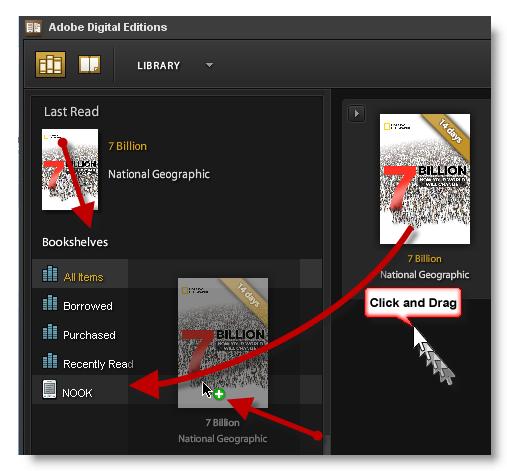 The Nook icon should be visible at the bottom of the library list in Adobe Digital Editions.