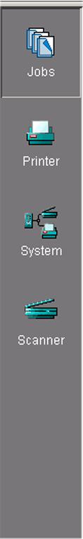 The left toolbar [71] The left toolbar [71] The left toolbar [34] The buttons of the left toolbar Button 'Jobs' 'Printer' Function Gives access to the