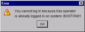 [75] Error message when a second user tries to log on [75] Error message when a second user tries to log on How to log on to the controller applications 1 From the 'File' menu, select 'Log on'.